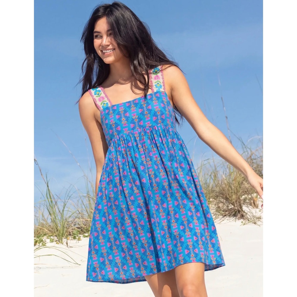 Natural Life Blue Floral Boho Sun Dress Smocked Back Mini XS NWT